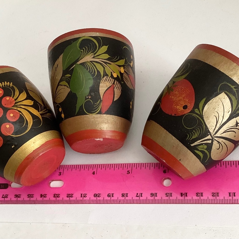 Vintage Russian Folk Art Khokhloma Hand Painted Wooden Cups